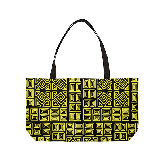 Yellow Geometric Mola Tote Bag – Large Weekender Travel Shoulder Bag