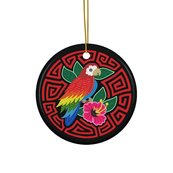 Tropical Parrot Ceramic Ornament | Round Holiday Ornament