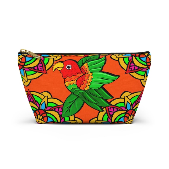 Colorful Parakeet Mandala in Orange Accessory Pouch