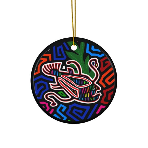 Colorful Mola Angler Fish Ceramic Ornament | Round Holiday Decoration