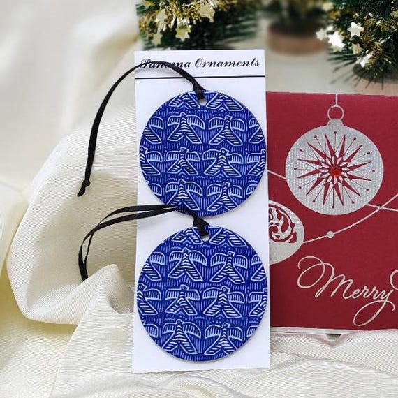 Bird Mola in Blues Round MDF Ornaments, Set of 2