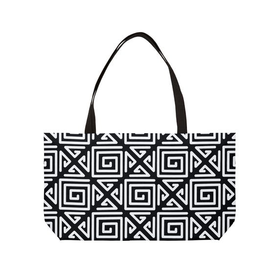 Black and White Geometric Mola-inspired Tote Bag | Weekender Tote