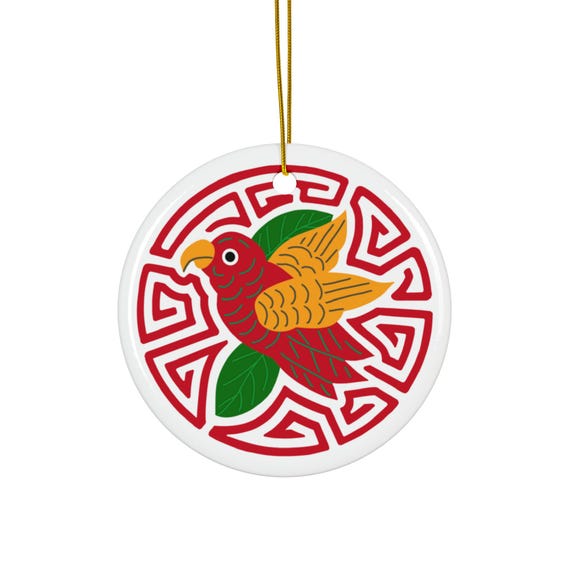 Red and Gold Parakeet Mola Ornament | Round Holiday Decoration