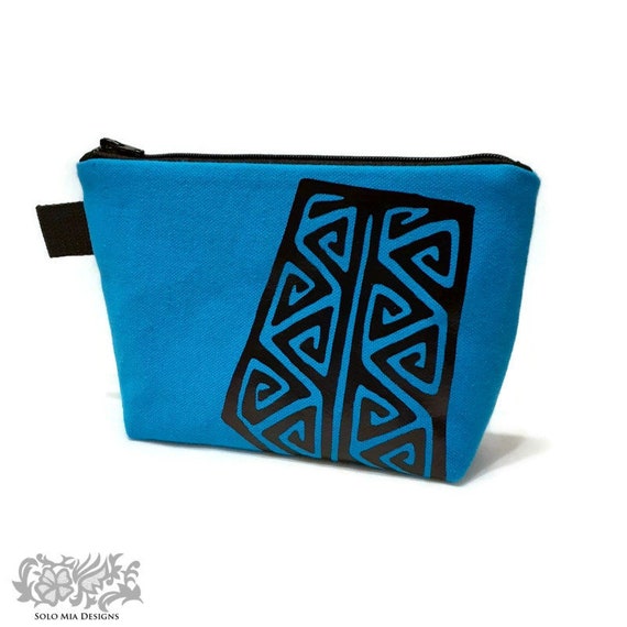 Turquoise Canvas Zippered Pouch with Vinyl Mola Accent