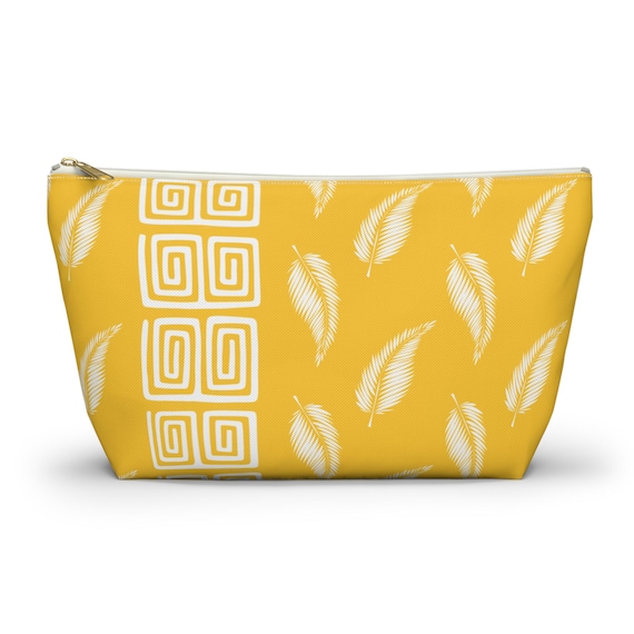 White Palm Frond and Mola Pattern Accessory Pouch | Yellow T-Bottom Makeup Bag