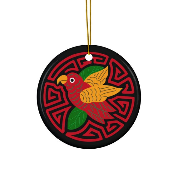 Red and Gold Parakeet Mola Ornament | Ceramic Holiday Decoration
