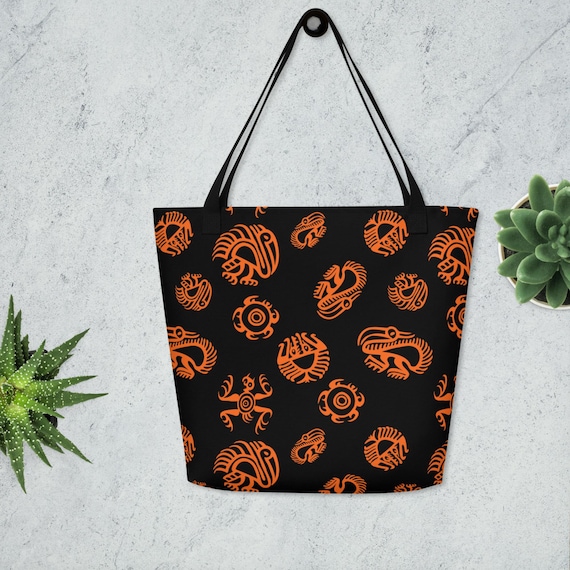 Pre-Columbian Art Print on Large Tote Bag, Orange and Black