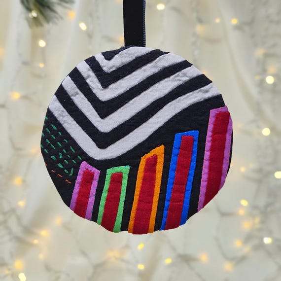 Mola Textile Christmas Ornament, Black & White and Multicolor