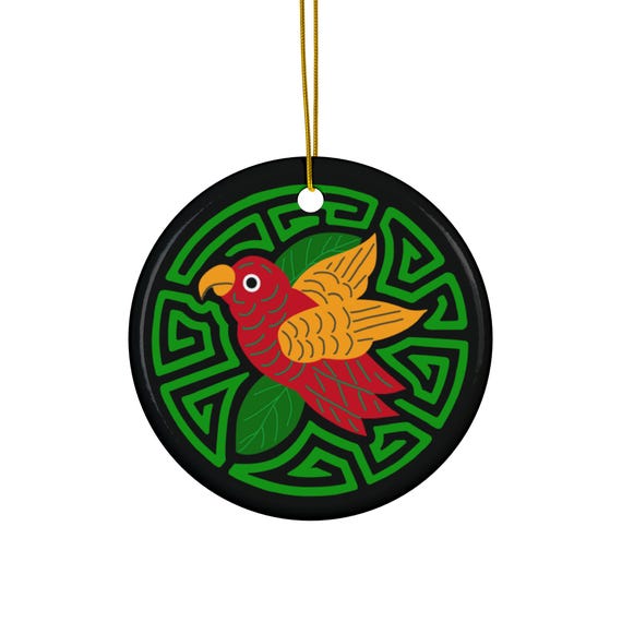 Parakeet Mola Ceramic Ornament | Round Holiday Decoration