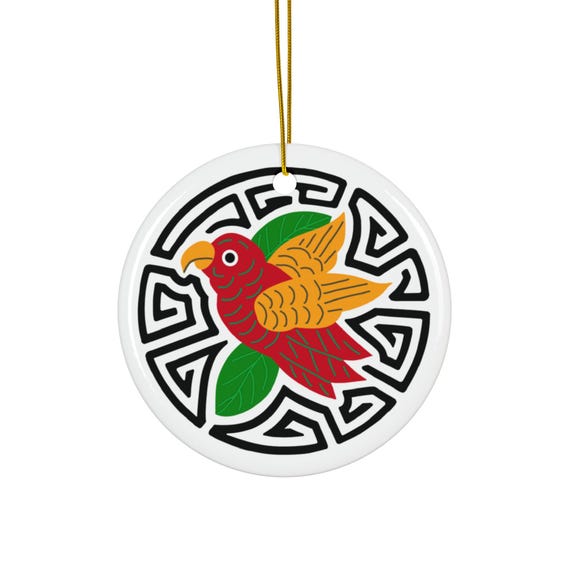 Colorful Parakeet Mola Ceramic Ornament | Round Holiday Ornament
