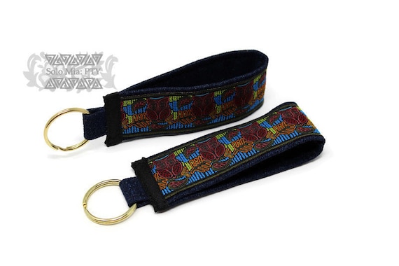 Red Owl Mola-like Jacquard Ribbon Keychain with Denim