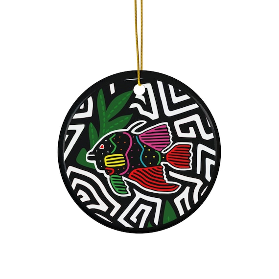 Colorful Fish Mola Ceramic Ornament | Round Holiday Tree Decoration