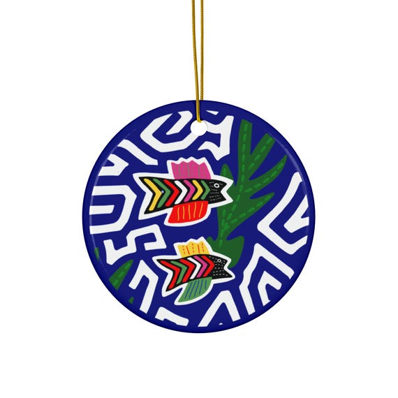 Colorful Fish Mola Ceramic Ornament | Round Holiday Decoration