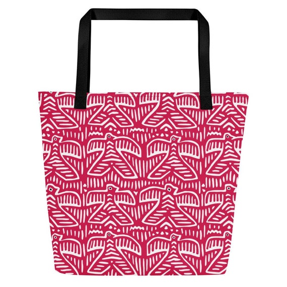 Red Bird Mola Print Large Tote Bag