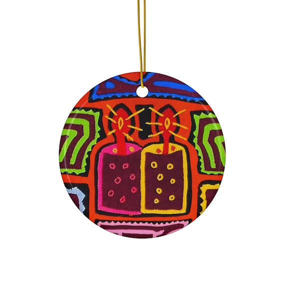 Ceramic Ornament, Christmas Candles, Panama Mola, Holiday Decor, Tree Decoration, Ornamental Gift, Unique Keepsake