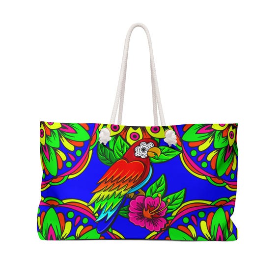 Tropical Parrot Print Weekender Bag | Bright Floral Beach Tote
