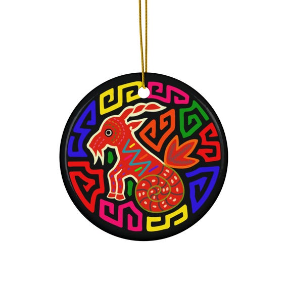 Capricorn Mola Ceramic Ornament | Round Holiday Décor