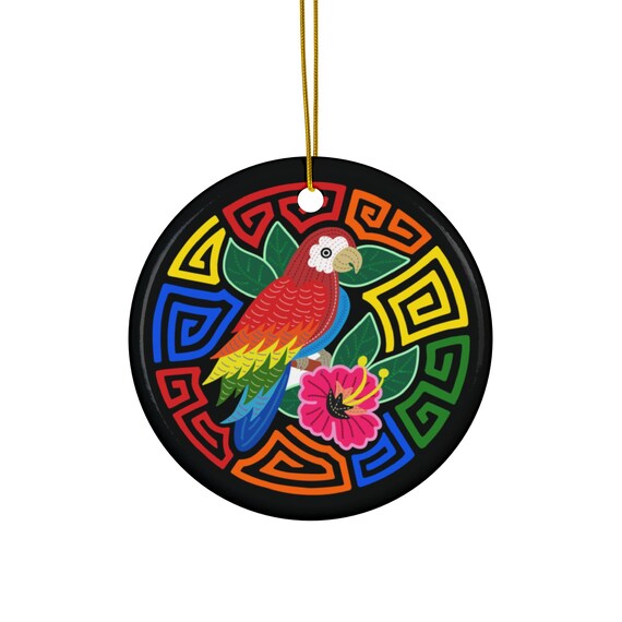 Tropical Parrot Hibiscus Ceramic Ornament | Round Holiday Decoration