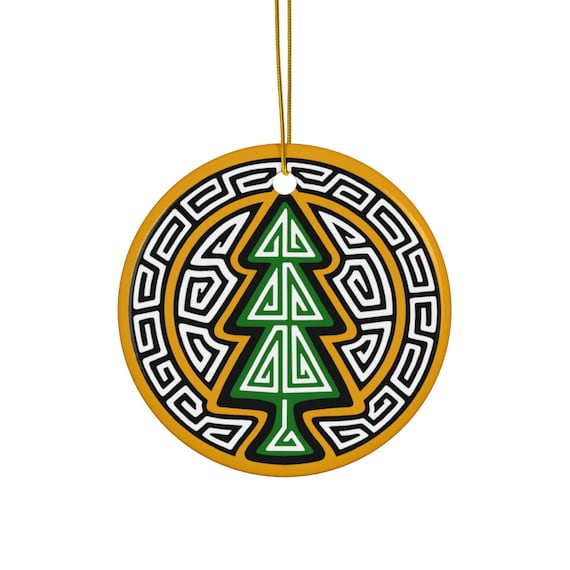 Geometric Christmas Tree Ceramic Ornament | Round Holiday Ornament