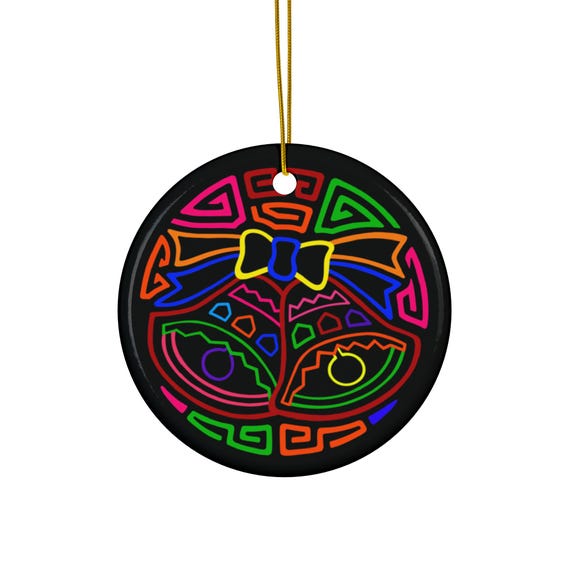Panama Mola Jingle Bells Ceramic Ornament | Round Christmas Decoration