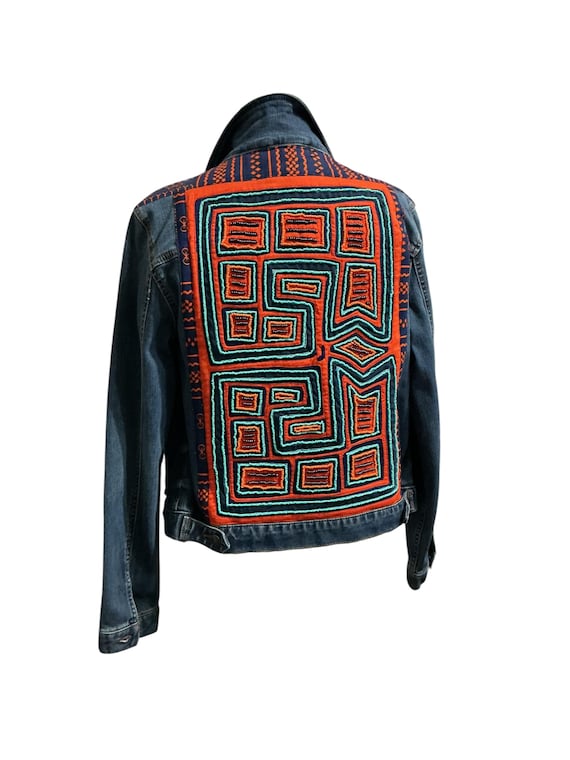 Panama Mola Denim Jacket – Navy Orange Beaded Guna Textile Art Wearable Statement Piece