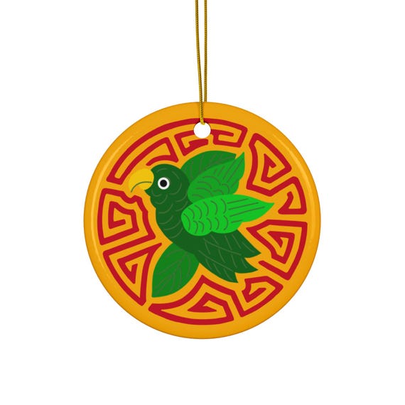 Green Parakeet Mola Ceramic Ornament | Round Holiday Ornament