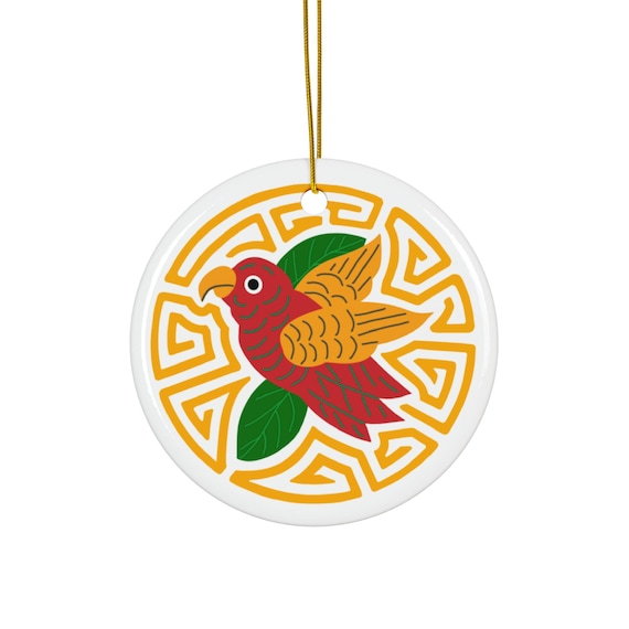 Tropical Parakeet Mola Ornament | Ceramic Round Holiday Decoration