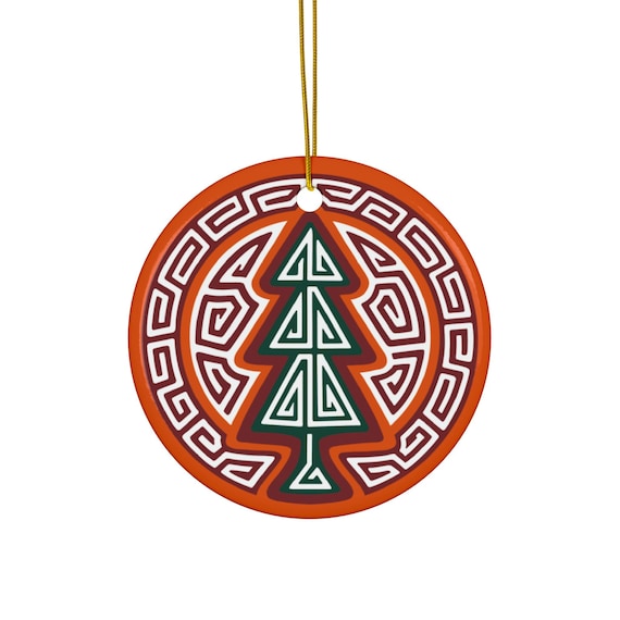 Mola Christmas Tree Ceramic Ornament | Round Holiday Decoration