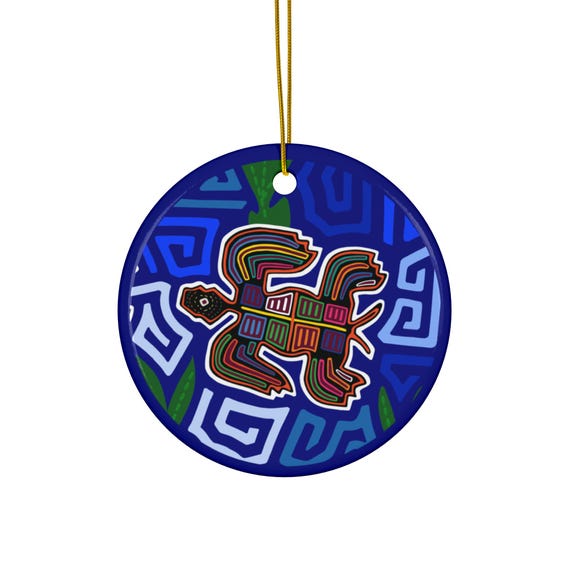 Colorful Sea Turtle Mola Ceramic Ornament | Round Holiday Decoration