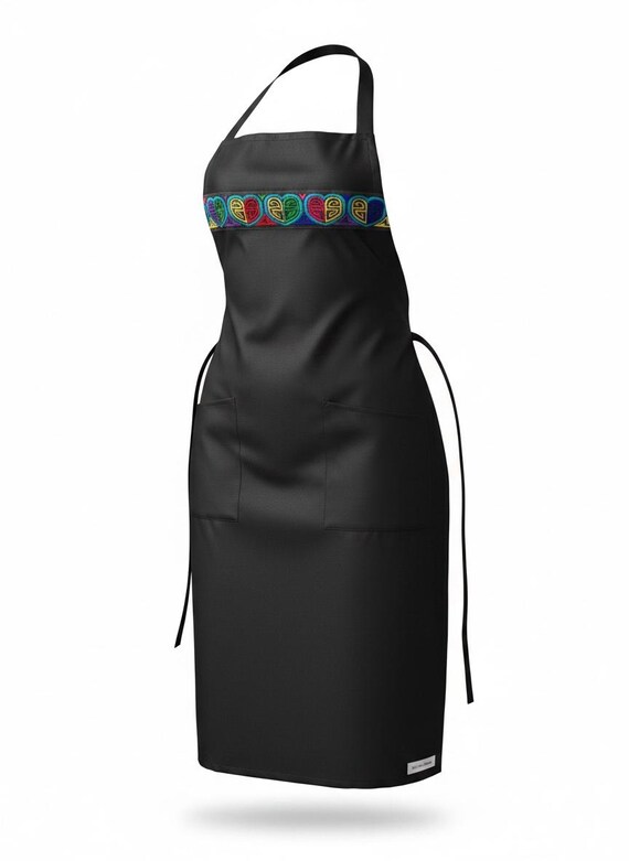 Black Apron with Heart Mola Jacquard Ribbon