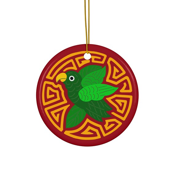 Green Parakeet Mola Ceramic Ornament | Bird Holiday Decoration