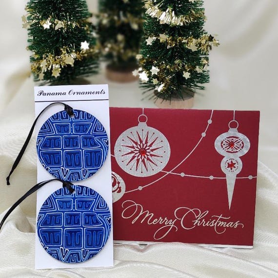 Geometrical Mola in Blues Round MDF Ornaments, Set of 2