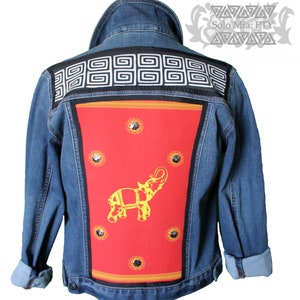 Blue Denim Embellished with Mola and Musue Fabrics, Grosgrain Ribbon, Size L