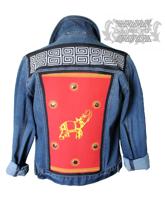 Blue Denim Embellished with Mola and Musue Fabrics, Grosgrain Ribbon, Size L