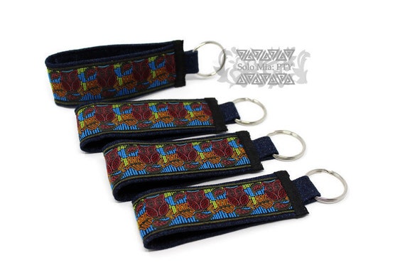 Handmade Red Owl Jacquard Ribbon Keychain with Denim Accent