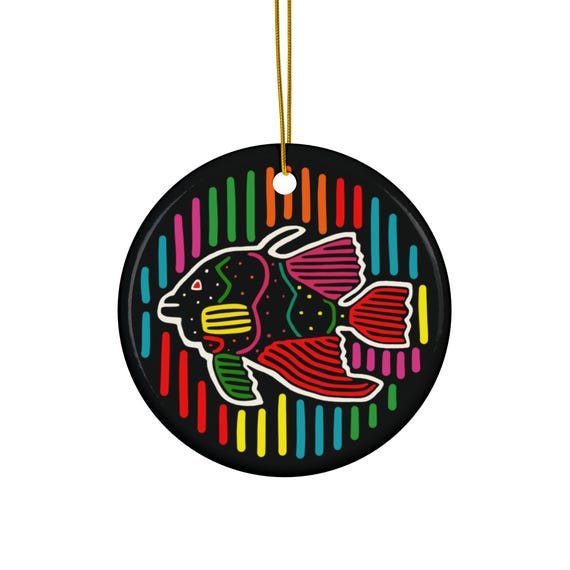 Bold Fish Mola Ceramic Ornament | Round Decorative Holiday Ornament