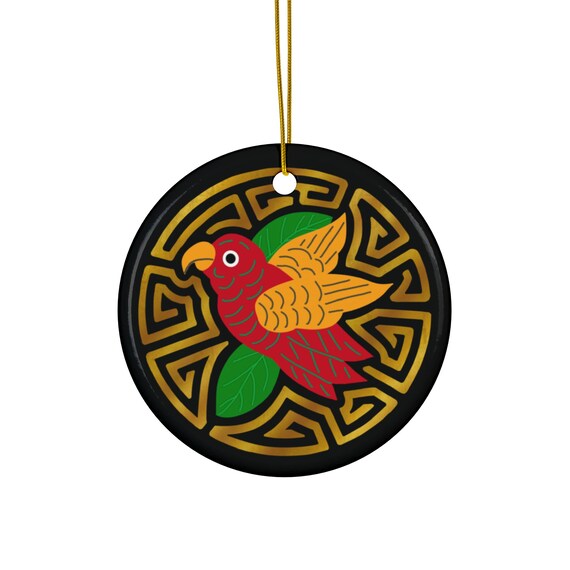 Parakeet Mola Ceramic Ornament | Round Holiday Tree Decoration