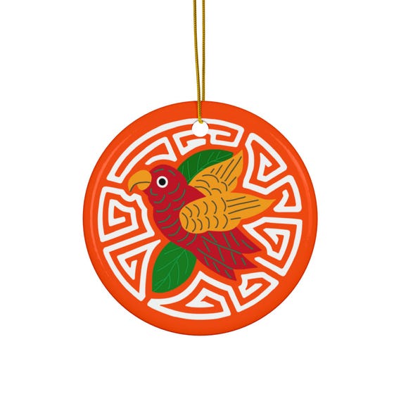 Red and Gold Parakeet Mola Ornament | Ceramic Holiday Decoration