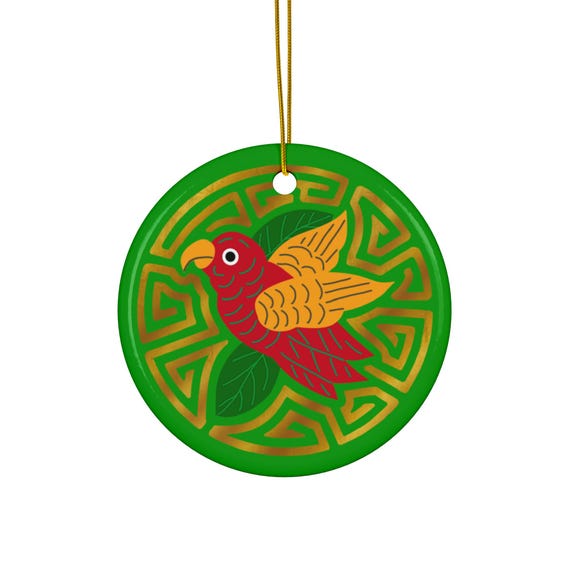 Colorful Parakeet Mola Ceramic Ornament | Round Holiday Decoration