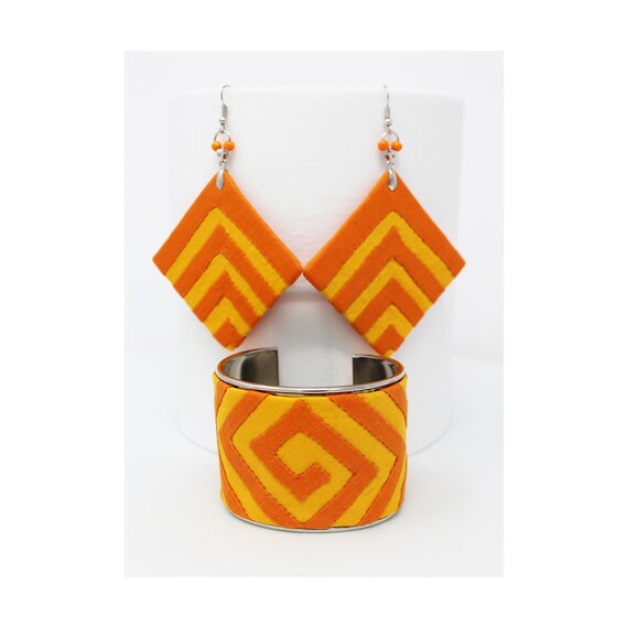 Mola Textile Art Cuff Bracelet and Earring Set