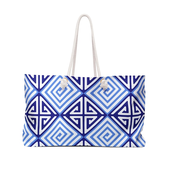 Blue Geometric Mola Tile Weekender Bag, Boho Travel Tote, Large Beach Bag (24" x 13")