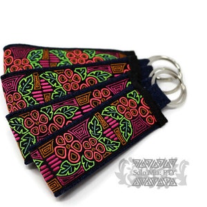 Pink Hibiscus Mola-like Jacquard Ribbon Keychain with Denim