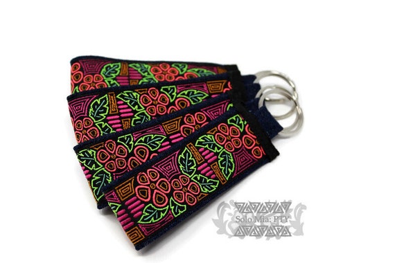 Pink Hibiscus Mola-like Jacquard Ribbon Keychain with Denim