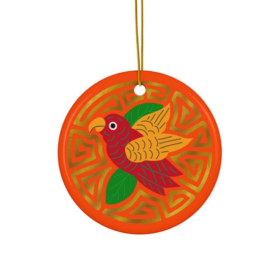 Red and Gold Bird Mola Ornament | Ceramic Round Holiday Ornament