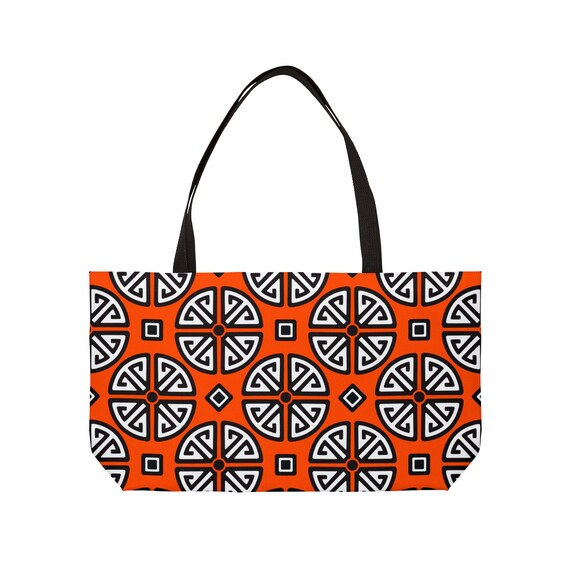 Geometric Medallion Weekender Tote Bag | Orange Black Pattern