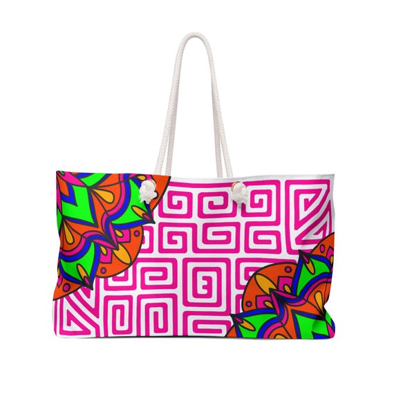 Colorful Mandala with Mola Pattern Weekender Bag | Pink Geometric Travel Tote