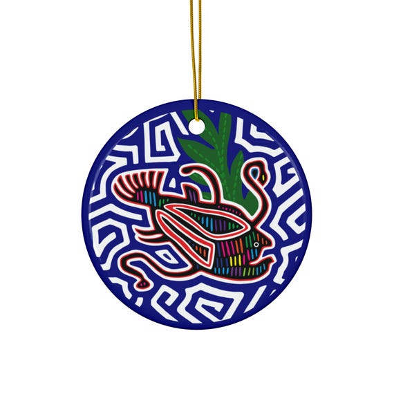 Angler Fish Mola Ceramic Ornament | Round Holiday Decor