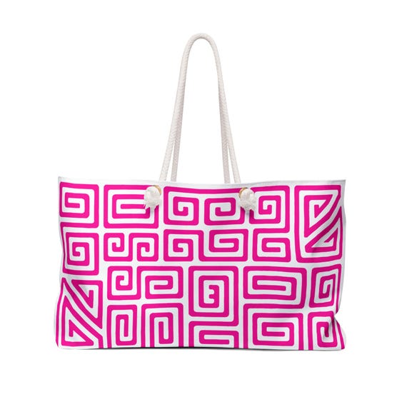 Pink Geometric Mola Weekender Bag | Spiral Maze Pattern Tote