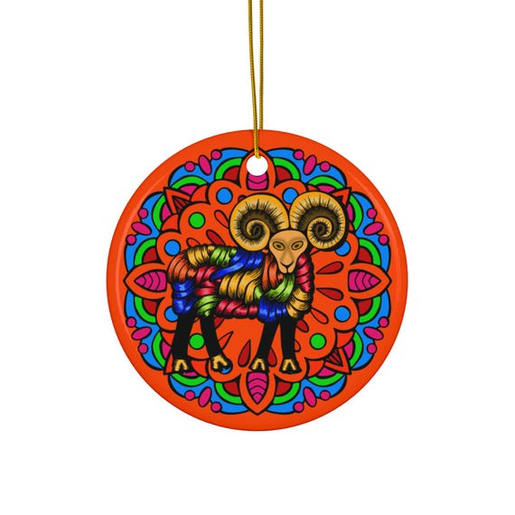 Colorful Ram Mandala Ceramic Ornament | Round Ornament