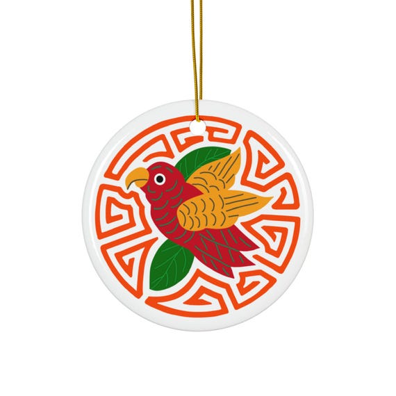 Red and Gold Bird Mola Ceramic Ornament | Round Holiday Decoration